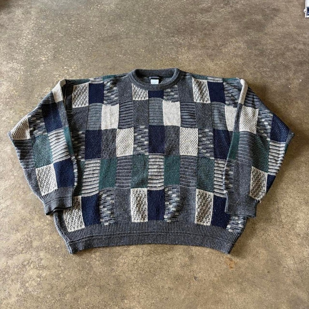Vintage Expressions 90s Geometric Patchwork Knit Sweater Mens XL Grey Black Blue